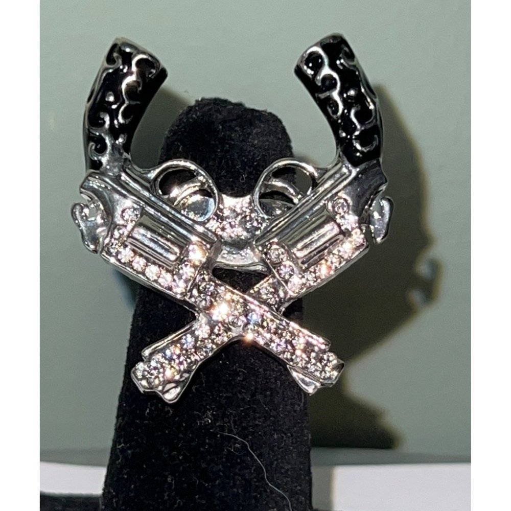 Rhinestone Pistol Silver & Black Stretch Ring